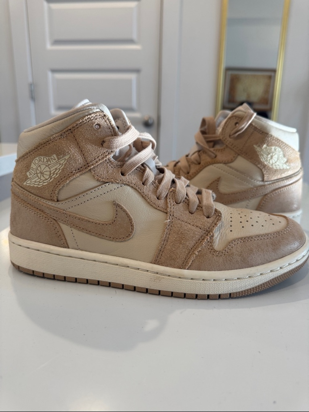 Jordan High-Top Sneakers in Tan & Cream